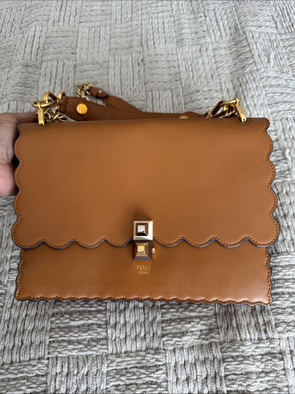 Fendi Brown Scalloped Leather Shoulder Bag with Gold Hardware